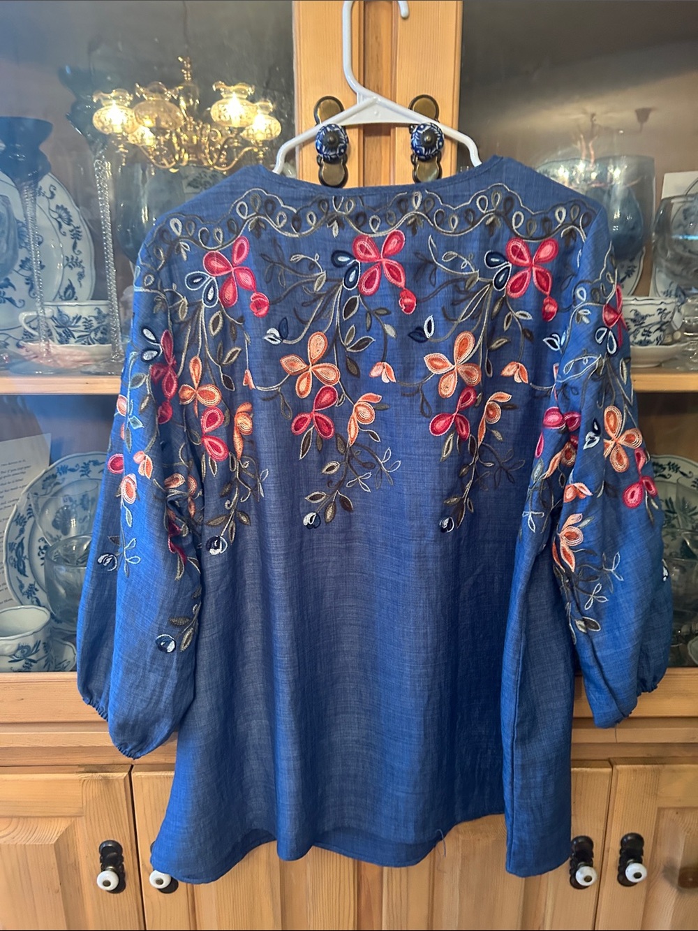 Sapphire Denim Blue Floral Embroidered Puff-Sleeve Blouse - Picture 4 of 4